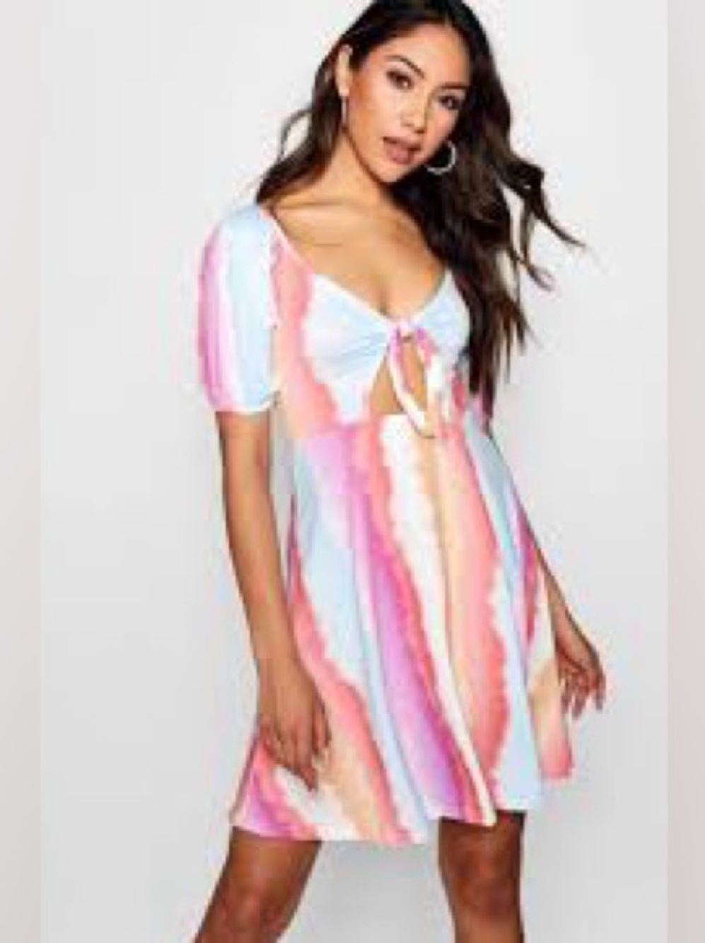 Boohoo Pastel Tie-Dye Puff Sleeve Mini Dress - Pink, Orange & Blue